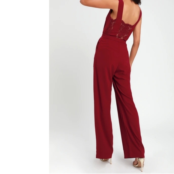 Lulus Pants - Lulus Kiska Burgundy Lace Wide Leg Jumpsuit Tank